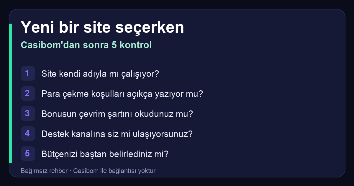 Casibom alternatifi seçerken beş kontrol: kendi adıyla çalışma, açık para çekme koşulları, bonus çevrim şartı, destek kanalı ve bütçe